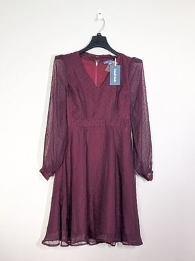 NWT ModCloth Apogee of Elegance Dress, Burgundy, Swiss Dot, Size 4